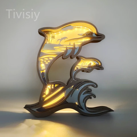 17.7 Inch Carved Dolphin Wood Lamp with Voice Control and Remote Control